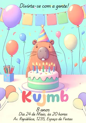 Convite Capivara Capibara para children's birthday – tema kids' birthday party (colorful, fun, animal-themed, playful, party-themed, children's)