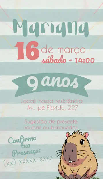 Convite Capibara Niña para cumpleaños infantil – tema cumpleaños infantil (colorido, alegre, floral, divertido, amigable, infantil)
