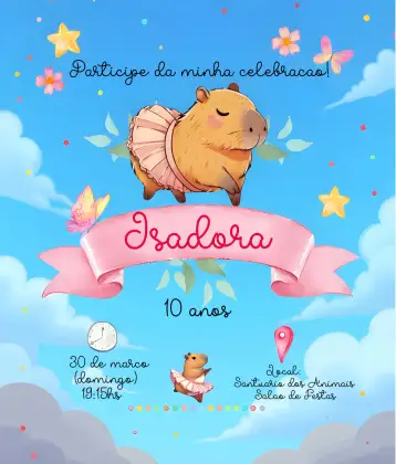 Convite Capybara Girl para children's birthday – tema kids' birthday party (watercolor, delicate, soft colors, cute animal, pink, childlike)