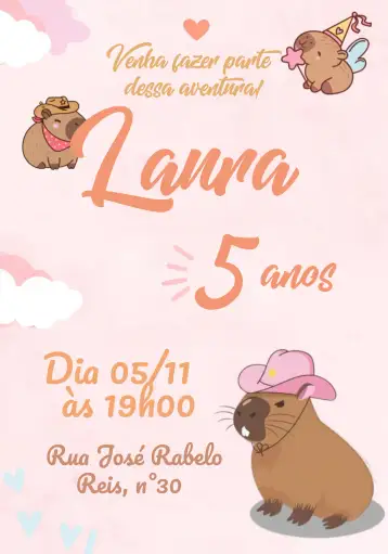Convite Capivara Capybara para children's birthday – tema kids' birthday party (pink, playful, fun, colorful, childlike, nature)