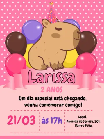 Convite Capivara Rosa Menina Capibara editável e personalizável