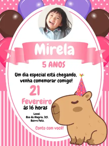 Convite Pink Capybara Girl With Capybara Photo para kids birthday. – tema kids' birthday party (pink, fun, childish, colorful, animals, nature)