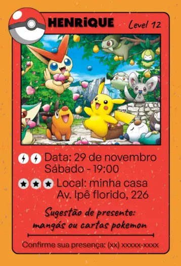 Convite Card Pokemon para festa de 15 anos temática inspirada em pokemon. – tema 15 anos (colorido, divertido, anime, jovial, temático)