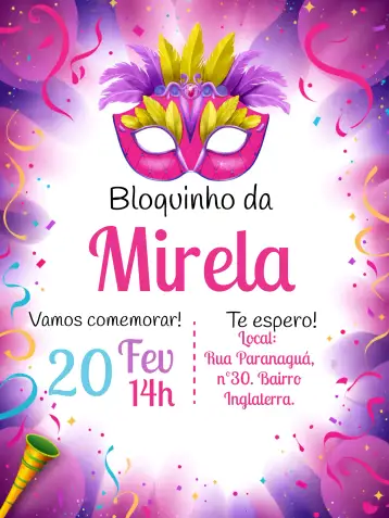 Convite Carnaval Bloquinho Amarillo para aniversario infantil y fiestas de carnaval. – tema fechas conmemorativas (colorido, divertido, festivo, vibrante, brincalhão)