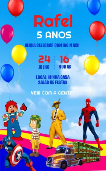 Convite Carreta Furacão Trem para aniversário infantil com tema de festa divertida. – tema mais pesquisados (colorido, divertido, infantil, temático, alegre, vibrante)
