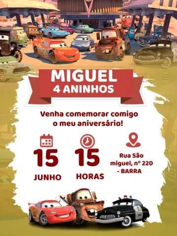 Convite Carros Coloridos para cumpleaños infantil. – tema más buscados (colorido, divertido, infantil, moderno, temático, vibrante)