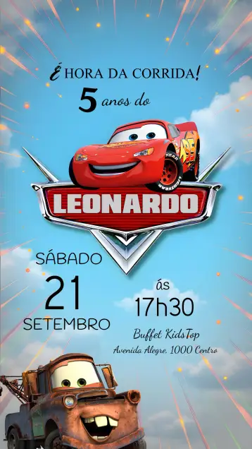 Convite Carros Disney Relâmpago editável e personalizável