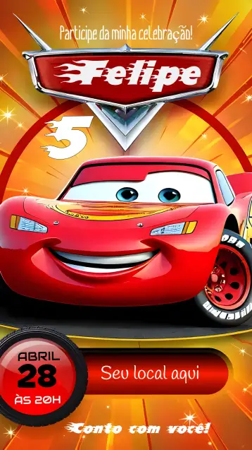 Convite Carros Mcqueen Relámpago para cumpleaños infantil con temática de carros. – tema más buscados (rojo, temática de carreras, ilustraciones de Mcqueen, estilo divertido, elementos gráficos animados, fiesta infantil)