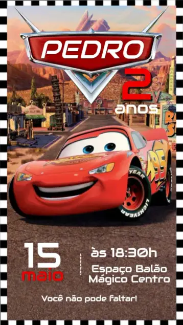 Convite Carros Relâmpago Mcqueen para aniversário infantil com tema carros. – tema cartão (colorido, divertido, vibrante, temático, audiovisual)