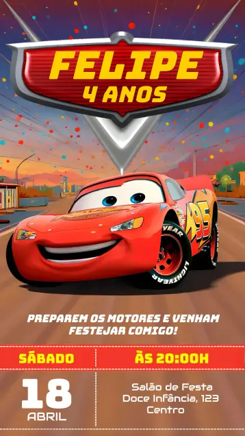 Convite Carros Relâmpago Mcqueen para aniversário infantil com tema carros. – tema mais pesquisados (colorido, divertido, infantil, temático, dinâmico, moderno)