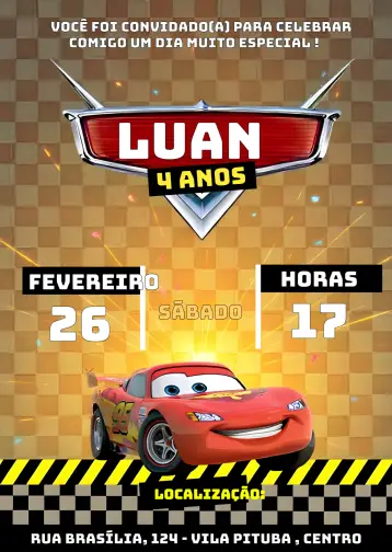 Invitación Rayo McQueen Carrera de Autos Relámpago editable y personalizable