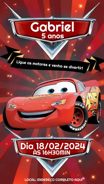 Convite Coche Rayo Mcqueen Rojo para cumpleaños infantil con tema de coches. – tema más buscados (rojo, carrera, coches, divertido, infantil, temático)