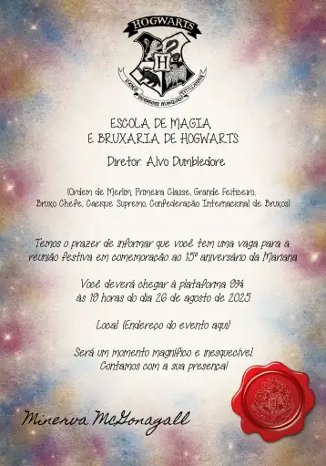 Convite Carta De Hogwarts Potter para aniversário infantil com tema de harry potter. – tema aniversário infantil (mágico, fantasia, vibrante, ilustrativo, colorido, aventura)