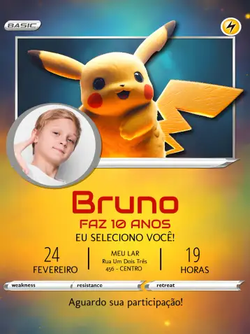 Convite Carta Pokemon Pikachu Con Foto Charizard para cumpleaños infantil con temática pokemon. – tema cumpleaños infantil (colorido, divertido, jovial, fantasía, infantil)