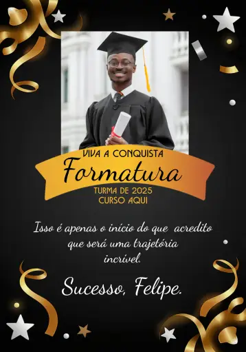 Convite Cartão De Formatura Com Foto Confete para formatura – tema formatura (elegante, moderno, dourado, preto, festivo, minimalista)