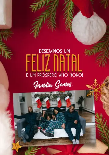 Convite Tarjeta de Navidad con Foto Roja para navidad – tema fechas conmemorativas (rojo vibrante, dorado elegante, estilo navideño, nieve suave, elementos gráficos festivos, diseño acogedor)