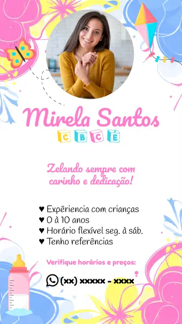 Convite Cartão De Visita Digital Babá Cartao para apresentação de serviços de babá. – tema mais pesquisados (colorido, alegre, moderno, infantil, divertido)