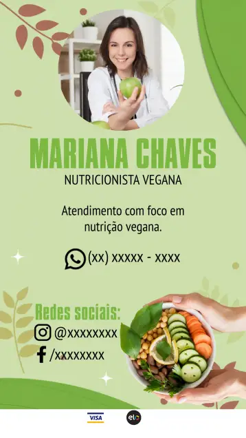 Convite Cartão De Visita Nutricionista Vegana Nutrição para consultas e eventos de nutrição. – tema mais pesquisados (verde, moderno, minimalista, natural, clean)