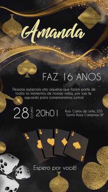 Convite Cartas Baralho Negro para cumpleaños con temática de naipes de baraja. – tema cumpleaños (negro, dorado, juego de cartas, elegante, moderno, divertido)