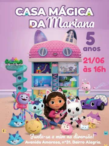 Invitación Casa Mágica De Gabby Gatitos editable y personalizable