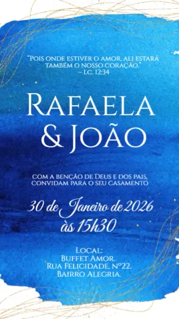 Convite Casamento Azul para casamento elegante e sofisticado. – tema casamento (azul cobalto, dourado, aquarela, moderno, romântico, elegante)