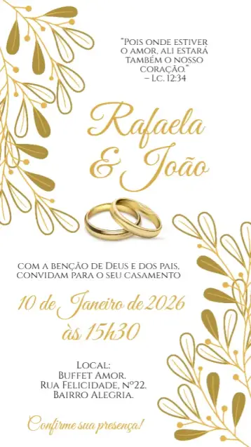 Convite Casamento Dourado Aliança para casamento elegante e sofisticado. – tema casamento (dourado, floral, romântico, elegante, moderno)