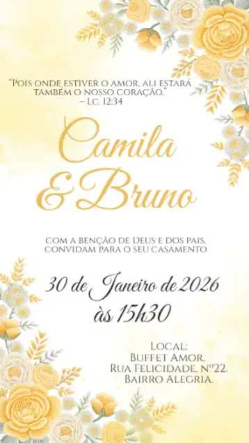Convite Casamento Floral Amarelo para casamento moderno e romântico. – tema casamento (floral, amarelo, romântico, vintage, alegre, natural)