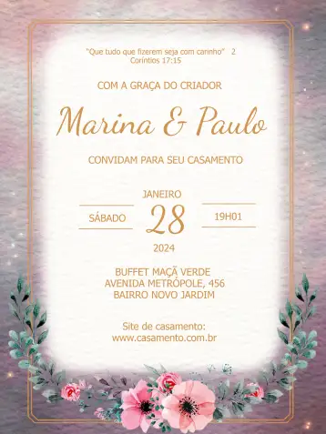 Convite Casamento Floral Dourado para casamento elegante e romântico. – tema casamento (floral, dourado, elegante, romântico, moderno, clássico)