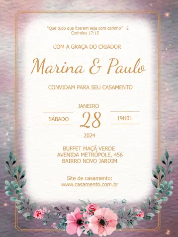 Convite Casamento Floral Dourado para casamento elegante e romântico. – tema casamento (floral, dourado, elegante, romântico, moderno, clássico)