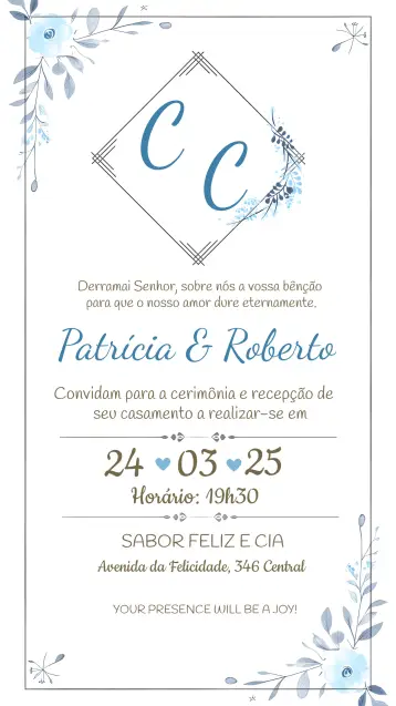 Convite Casamento Floral Flores para casamento romântico e elegante. – tema casamento (floral, elegante, azul, romântico, minimalista, natural)