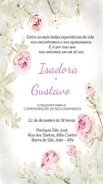 Convite Casamento Floral Rosa para casamento elegante e romântico. – tema casamento (floral, romântico, elegante, suave, moderno)