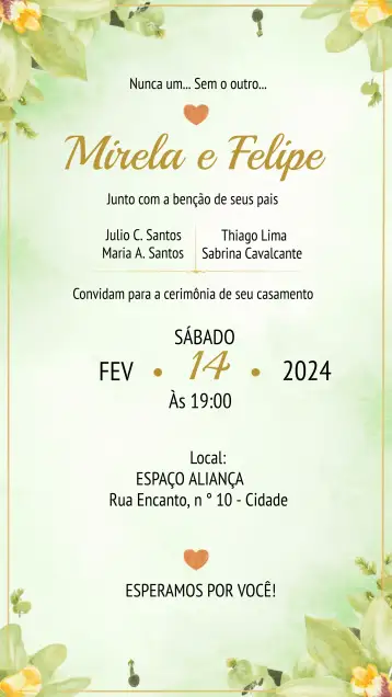 Convite Casamento Floral Verde para casamento romântico e sofisticado. – tema casamento (floral, verde, aquarela, romântico, moderno, elegante)