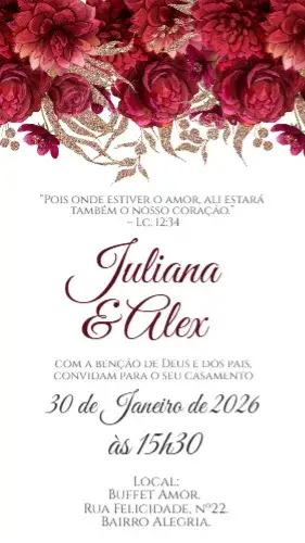Convite Casamento floral vermelho Vinho Burgund para casamento romântico e elegante. – tema casamento (floral, vermelho, elegante, romântico, vintage)