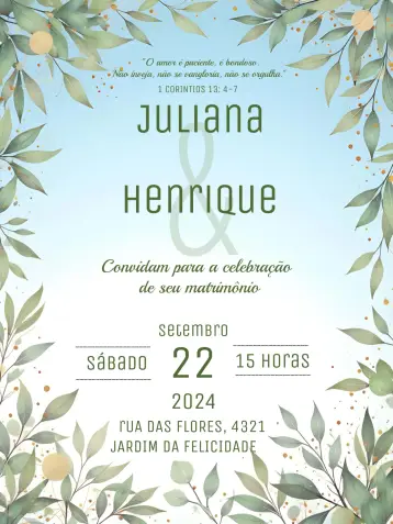 Convite Casamento Folhagem Elegante para casamento ao ar livre ou rústico. – tema casamento (folhagem, elegante, romântico, natural, verde, minimalista)