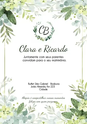 Convite Casamento Folhas Folhagem – tema Casamento floral, verde, moderno, natural, delicado, elegante
