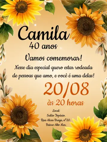 Convite Casamento Girassol Flores para casamento ao ar livre ou cerimônia romântica. – tema casamento (floral, rústico, romântico, vibrante, natural, campestre)