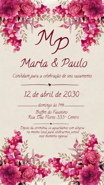 Convite Casamento Marsala Floral editável e personalizável
