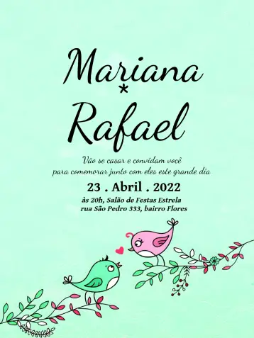 Convite Boda Pájaros Pajaritos para boda encantadora y romántica. – tema boda (floral, romántico, moderno, rústico, colorido, delicado)