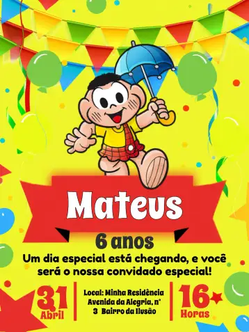 Convite Cascão Turma Da Mônica Amarillo para cumpleaños infantil. – tema cumpleaños infantil (colorido, divertido, infantil, carnaval, moderno)