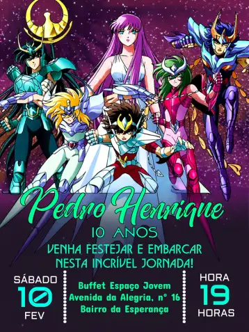 Convite Cavaleiro Dos Zodiáco Preto para aniversário com tema de cavaleiros do zodíaco. – tema datas comemorativas (moderno, elegante, temático, sóbrio, fantasia)