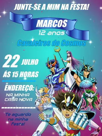 Convite Cavaleiros Do Zodíaco Anime para aniversário infantil com tema de cavaleiros do zodíaco. – tema aniversário infantil (azul, anime, temático, colorido, divertido)