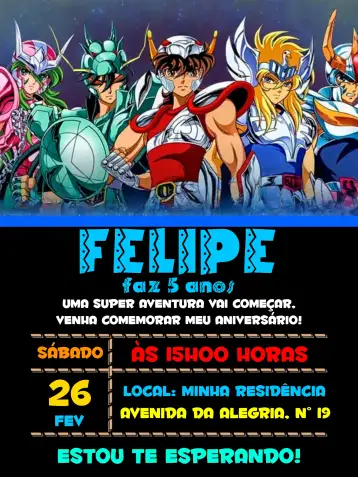 Convite Caballeros Del Zodiaco Azul para fiesta temática o cumpleaños infantil. – tema fechas conmemorativas (azul, moderno, temático, aventura, colorido)