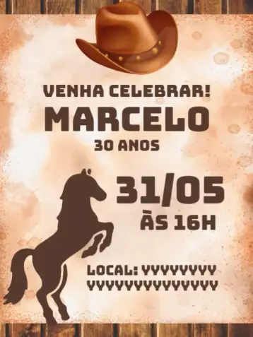 Convite Wooden Cowboy Horse para male birthday with cowboy theme. – tema birthday (rustic, country, wooden, horse, cowboy)