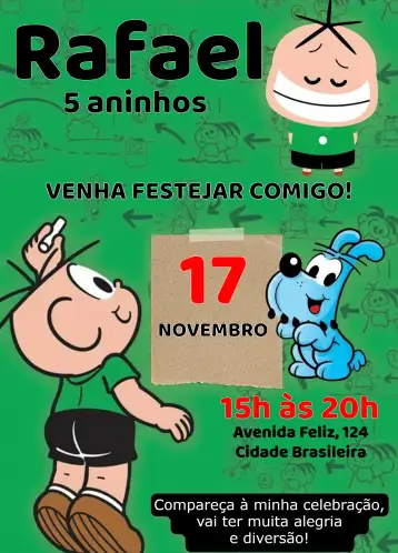 Convite Cebolinha - Turma Da Mônica Infantil para children's birthday with turma da mônica theme. – tema kids' birthday party (colorful, fun, childish, Turma da Mônica illustrations, cartoon style)