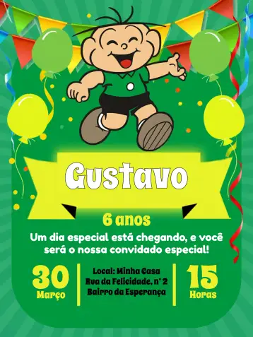Convite Cebolinha Turma Da Mônica Verde para aniversário infantil – tema cumpleaños infantil (colorido, divertido, ilustración infantil, personajes, lúdico)