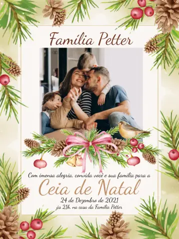 Invitación Cena De Navidad Con Foto Piñas editable y personalizable