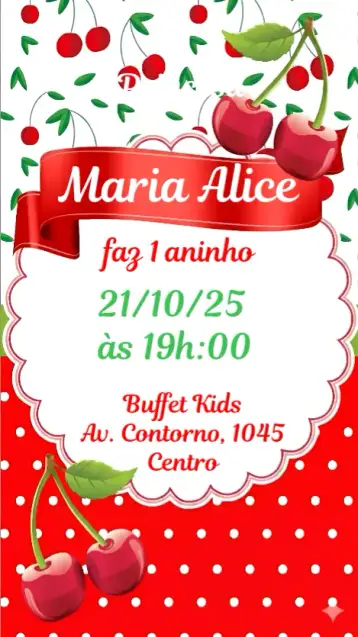 Convite Cereja do Bolo para aniversário infantil – tema aniversário infantil (colorido, lúdico, divertido, doce, moderno)