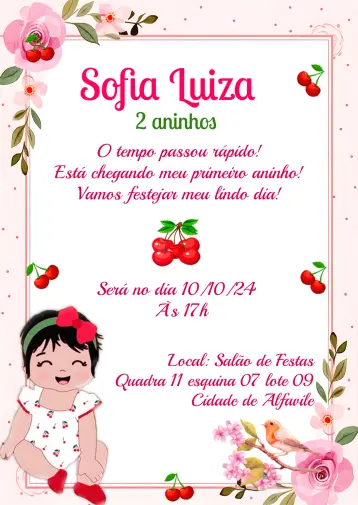 Convite Cereja Floral editável e personalizável