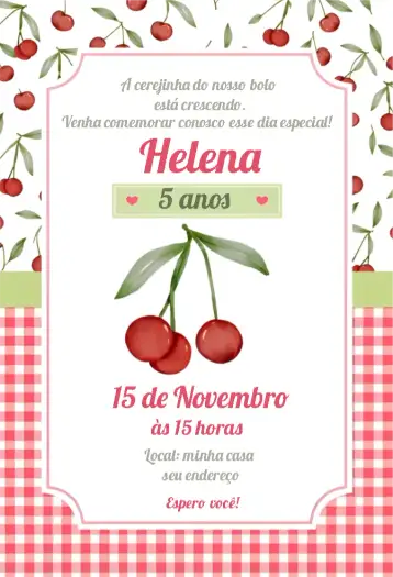 Convite Cherrylicious para kids' birthday – tema kids' birthday party (watercolor, colorful, playful, kids, sweet, floral)