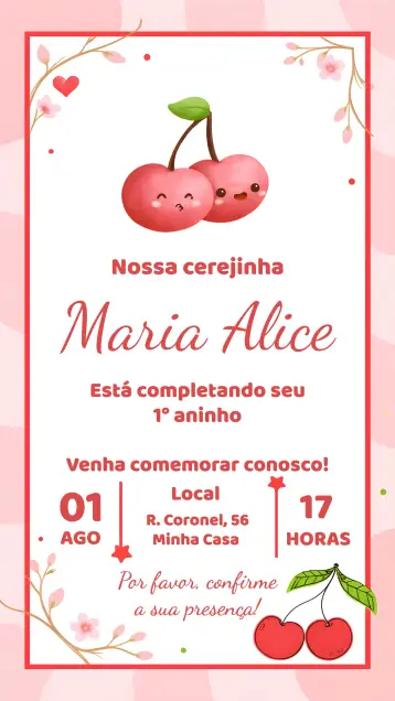 Convite Cerejinha Aquarela Vermelho editável e personalizável